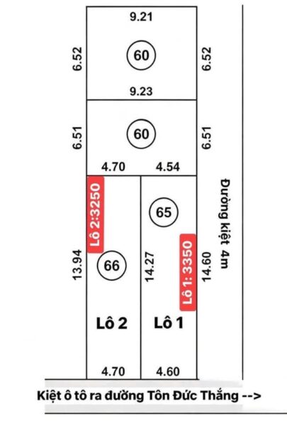 Đất 2 mặt kiệt ô tô Tôn Đức Thắng, 65mv, 3350